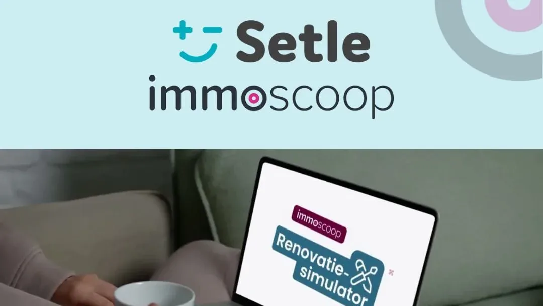 Laptop met de Immoscoop-renovatiesimulator, en de logo’s van Setle en Immoscoop