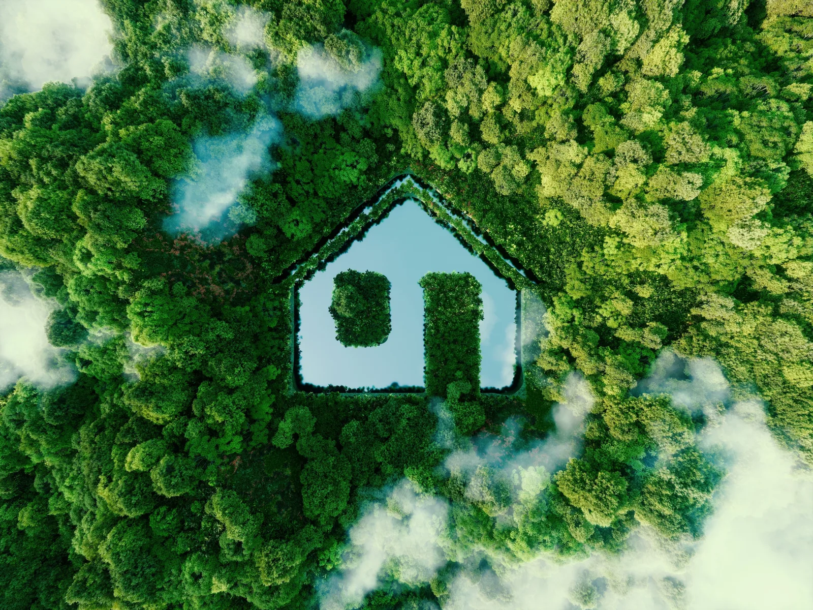 Luchtfoto van een huisvormige open plek in een groen bos